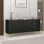 بوفيه مودرن أسود – 2 ضلفة + 3 أدراج – أرجل ستانلس ذهبي – 150×85×40 سم – خشب كونتر