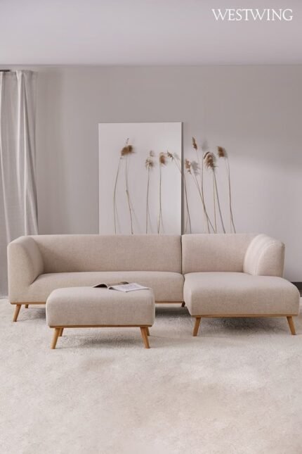 ركنة مودرن قماش كتان بمقاس 250×180 + بوف إضافي 80 سم – خشب زان